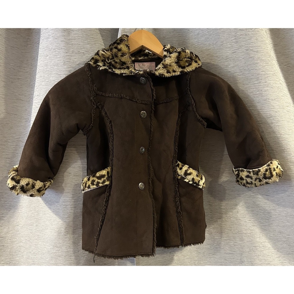 OshKosh B'gosh Girls Basic Coat Brown Leopard‎ Hooded Long Sleeve 4 Y2K